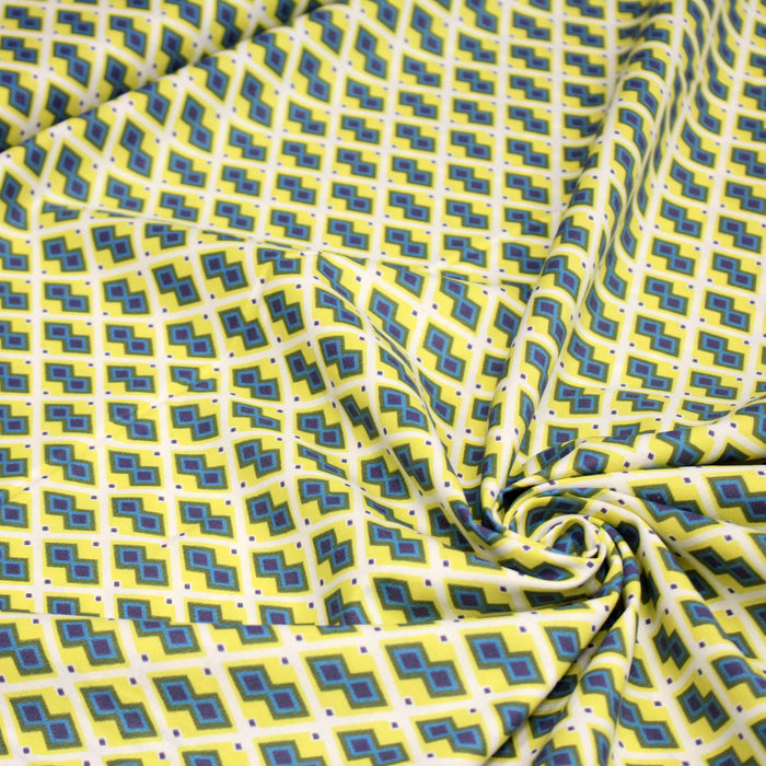 Tissu coton motifs WAX géométriques jaunes et bleus, fond blanc - OEKO-TEX