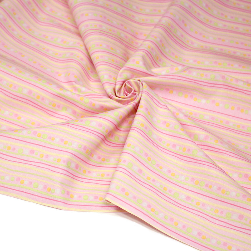 Tissu cotonnade rose aux pois et lignes vertes, jaunes et roses - COLLECTION BABY WELCOME - TissusPapi.com