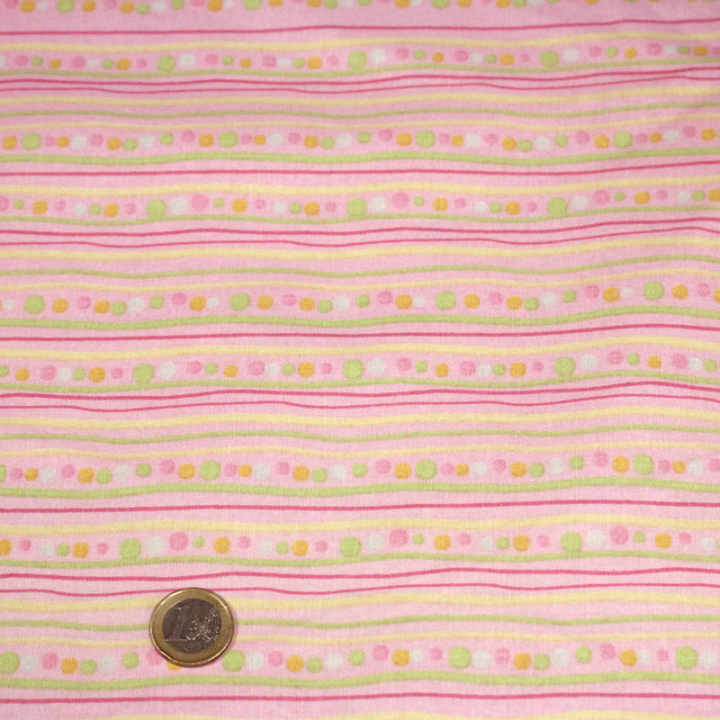 Tissu cotonnade rose aux pois et lignes vertes, jaunes et roses - COLLECTION BABY WELCOME - TissusPapi.com