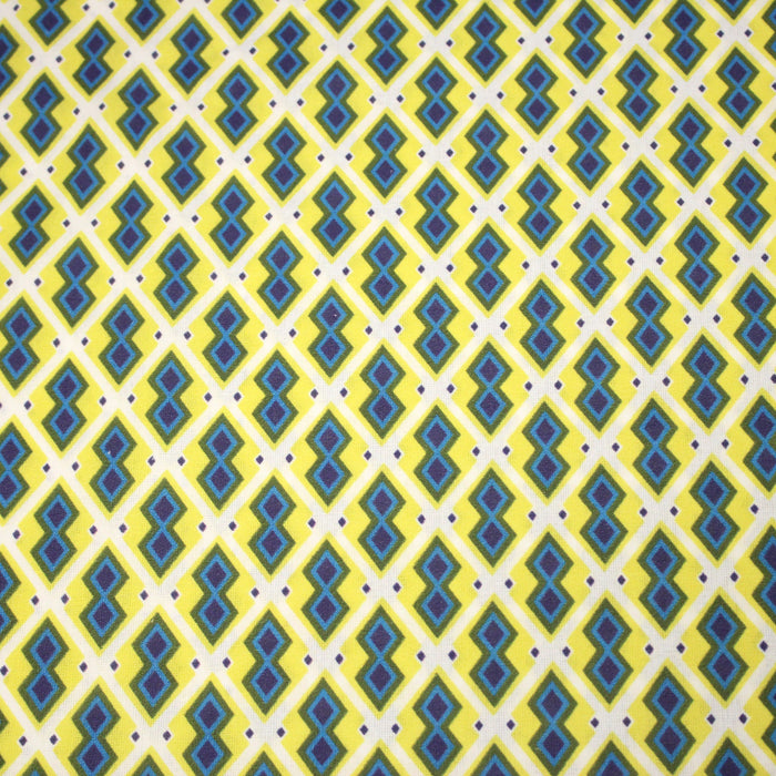 Tissu coton motifs WAX géométriques jaunes et bleus, fond blanc - OEKO-TEX