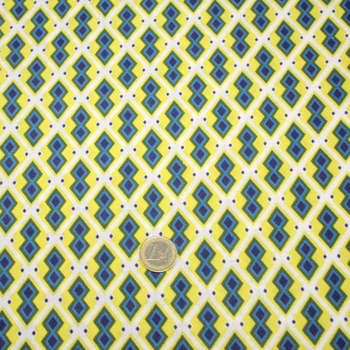 Tissu coton motifs WAX géométriques jaunes et bleus, fond blanc - OEKO-TEX