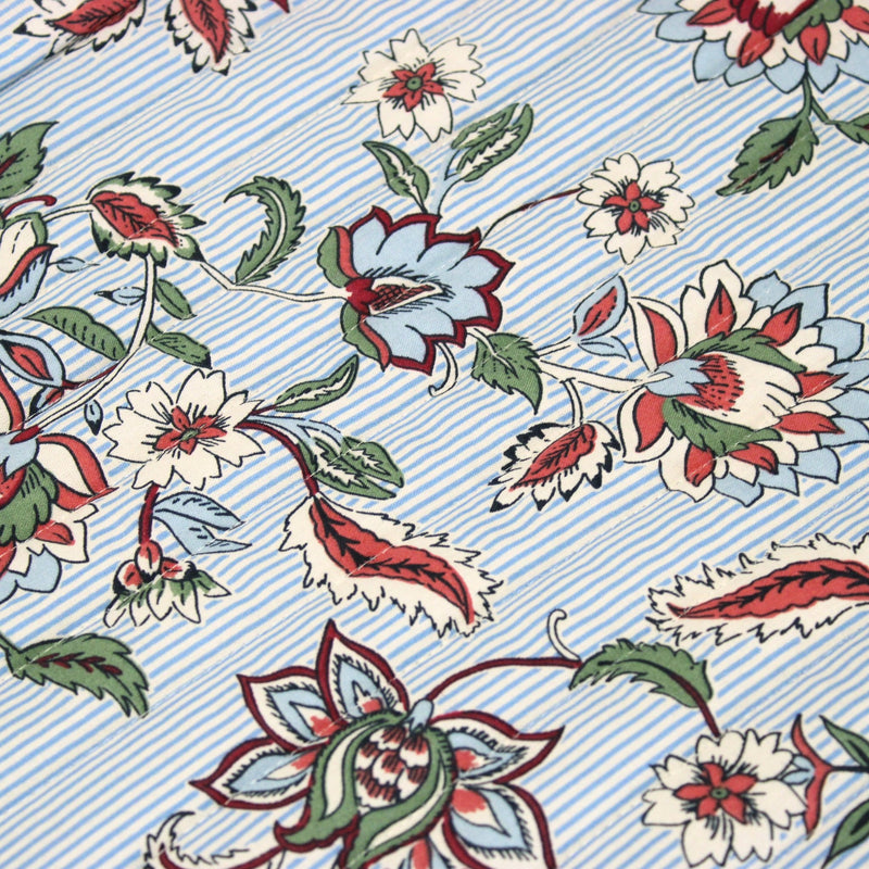 Tissu matelassé RAIPUR imprimé indienne fleurie et fond fines rayures bleu ciel - OEKO-TEX STANDARD 100 - TissusPapi.com