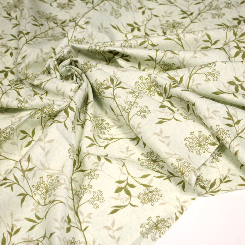 Tissu faux uni fleuri écru vert, aux fleurs et tiges vertes - TissusPapi.com