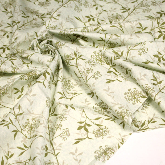 Tissu faux uni fleuri écru vert, aux fleurs et tiges vertes