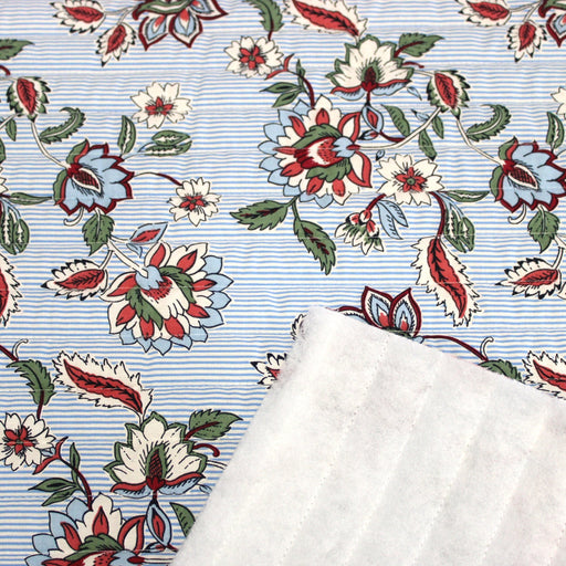 Tissu matelassé RAIPUR imprimé indienne fleurie et fond fines rayures bleu ciel - OEKO-TEX STANDARD 100 - TissusPapi.com