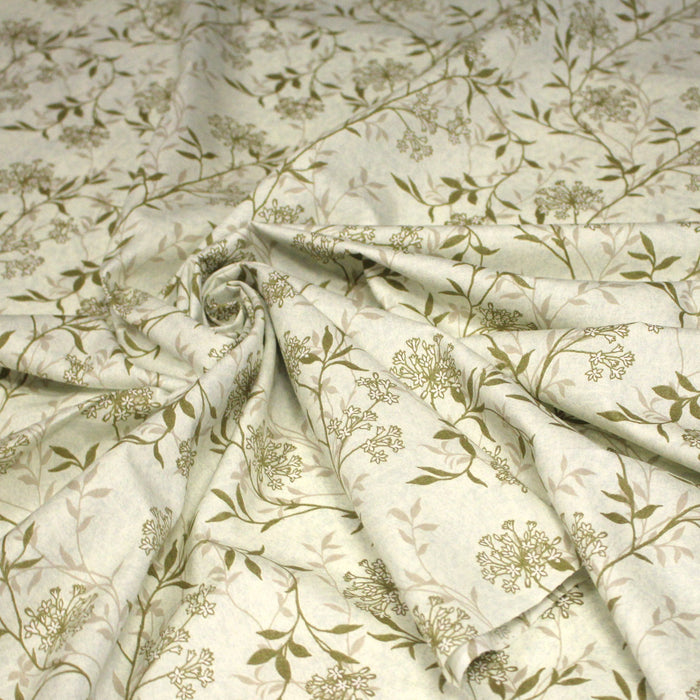 Tissu faux uni fleuri écru vert, aux fleurs et tiges vertes