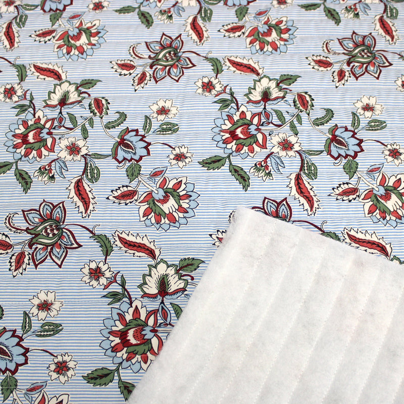 Tissu matelassé RAIPUR imprimé indienne fleurie et fond fines rayures bleu ciel - OEKO-TEX STANDARD 100 - TissusPapi.com