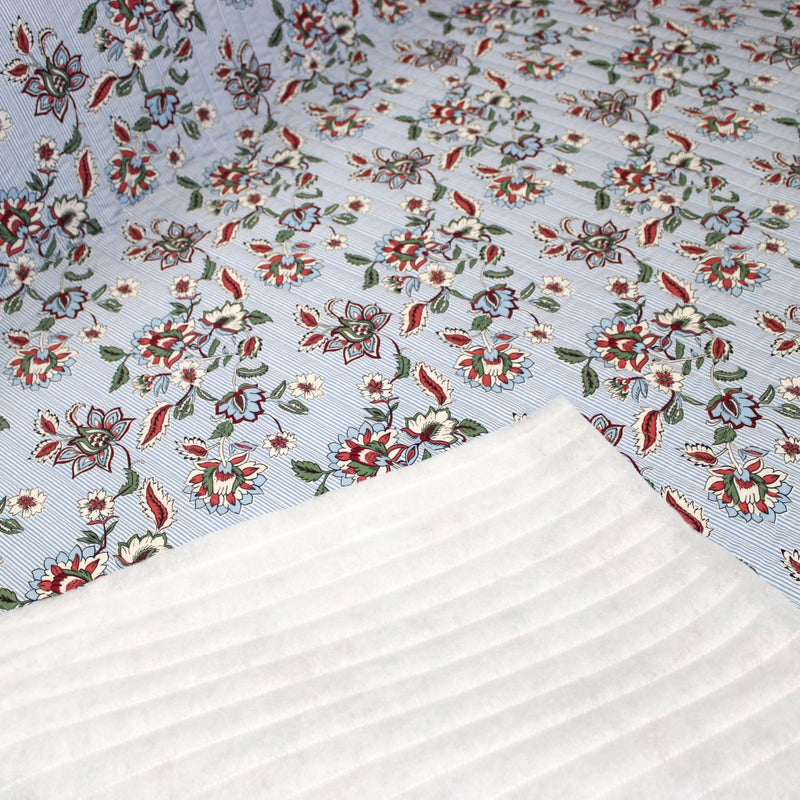 Tissu matelassé RAIPUR imprimé indienne fleurie et fond fines rayures bleu ciel - OEKO-TEX STANDARD 100 - TissusPapi.com