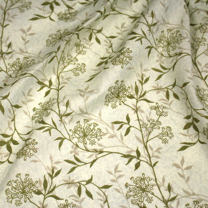Tissu faux uni fleuri écru vert, aux fleurs et tiges vertes - TissusPapi.com