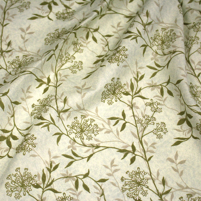 Tissu faux uni fleuri écru vert, aux fleurs et tiges vertes