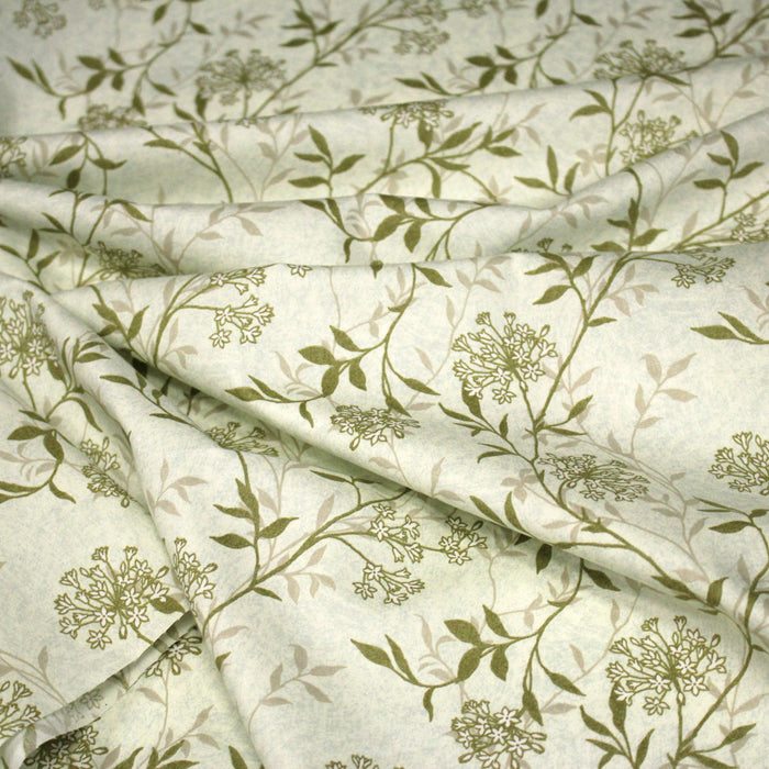 Tissu faux uni fleuri écru vert, aux fleurs et tiges vertes