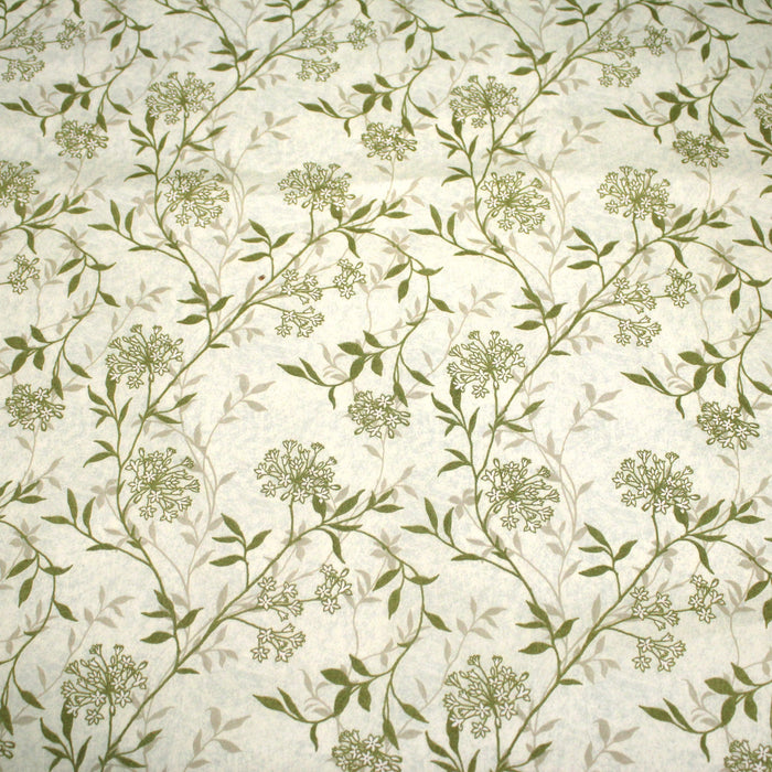 Tissu faux uni fleuri écru vert, aux fleurs et tiges vertes