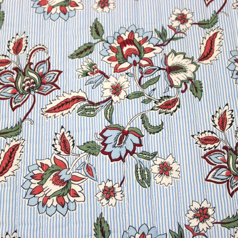 Tissu matelassé RAIPUR imprimé indienne fleurie et fond fines rayures bleu ciel - OEKO-TEX STANDARD 100 - TissusPapi.com