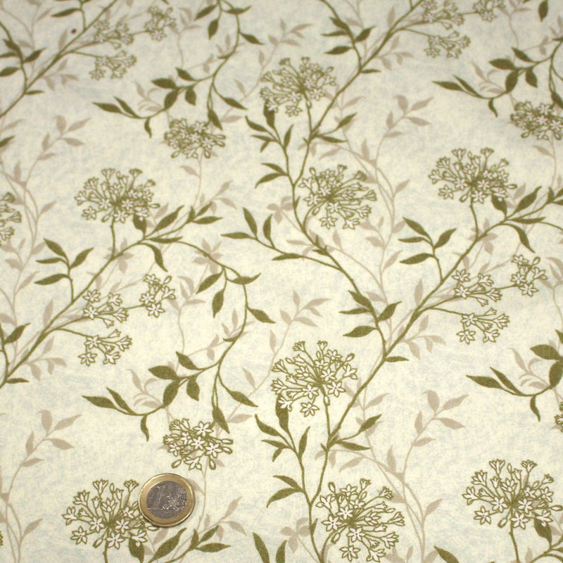 Tissu faux uni fleuri écru vert, aux fleurs et tiges vertes - TissusPapi.com