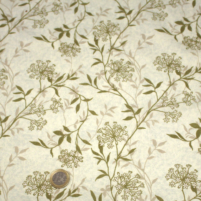 Tissu faux uni fleuri écru vert, aux fleurs et tiges vertes