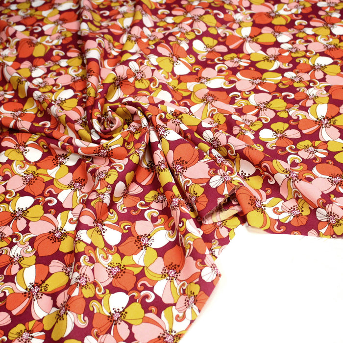 Tissu viscose fluide fleurs seventies : tons prune ou tons bleu - OEKO-TEX STANDARD 100