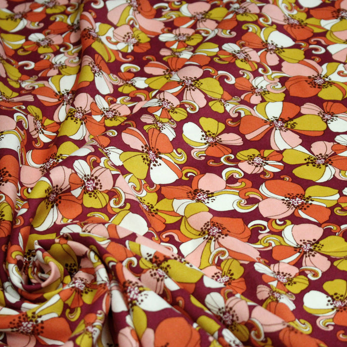 Tissu viscose fluide fleurs seventies : tons prune ou tons bleu - OEKO-TEX STANDARD 100
