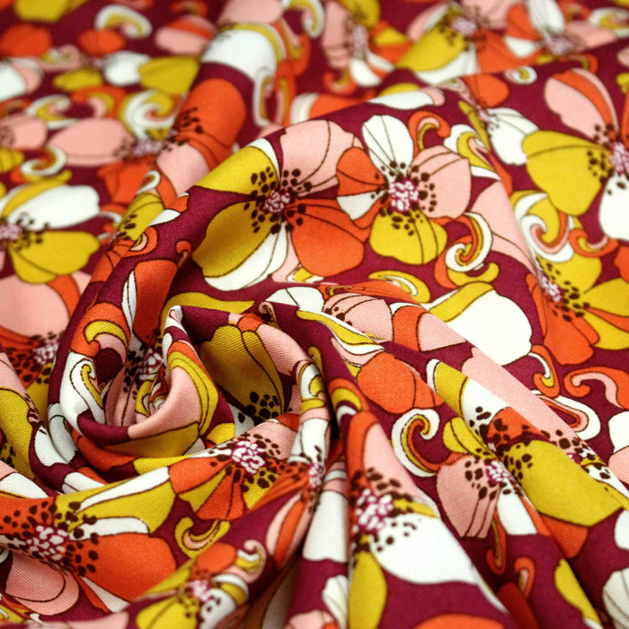 Tissu viscose fluide fleurs seventies : tons prune ou tons bleu - OEKO-TEX STANDARD 100