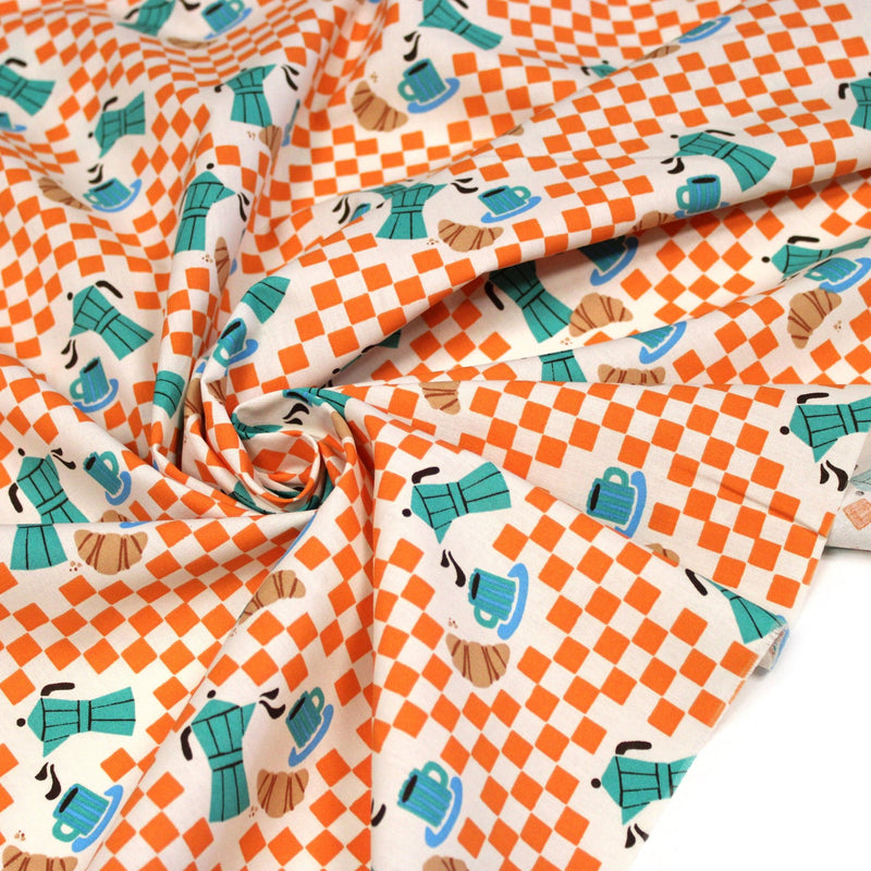 Tissu cotonnade enfant aux carreaux oranges, croissants et cafetière Moka - STANDARD 100 OEKO-TEX - TissusPapi.com