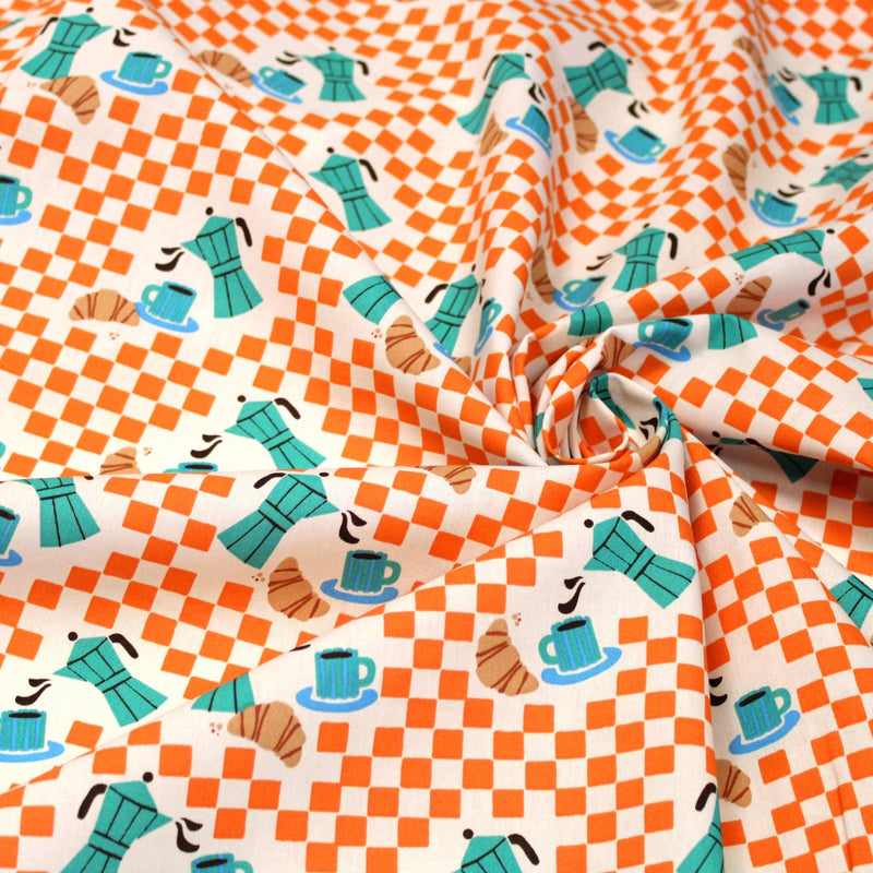 Tissu cotonnade enfant aux carreaux oranges, croissants et cafetière Moka - STANDARD 100 OEKO-TEX - TissusPapi.com