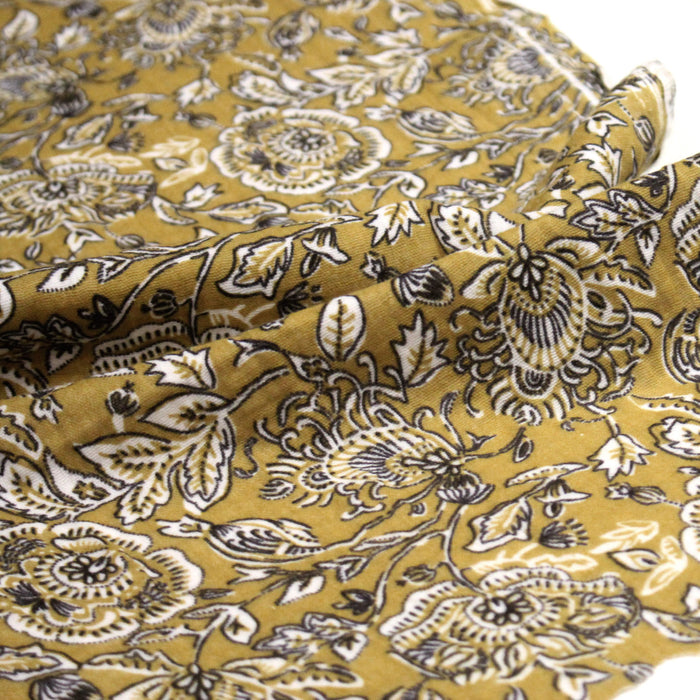 Tissu double gaze imprimée motif indiennes KALAMKARI fond jaune - OEKO-TEX