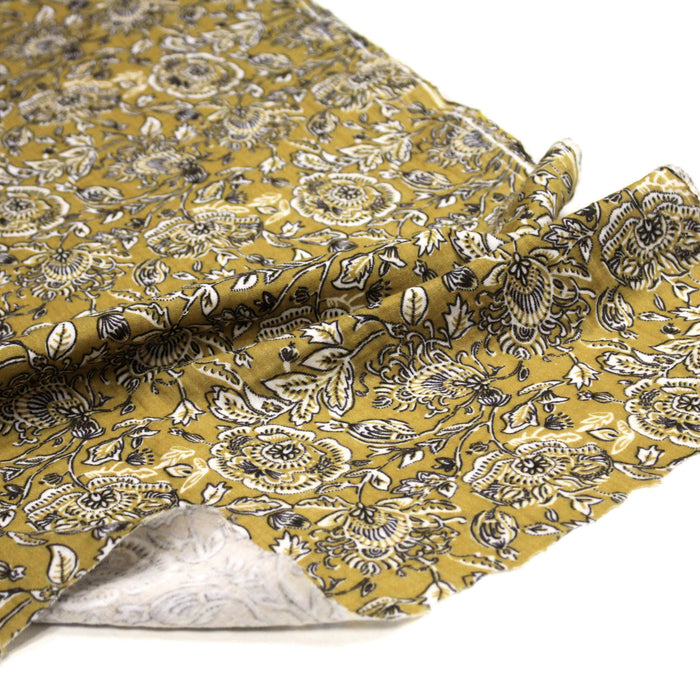 Tissu double gaze imprimée motif indiennes KALAMKARI fond jaune - OEKO-TEX