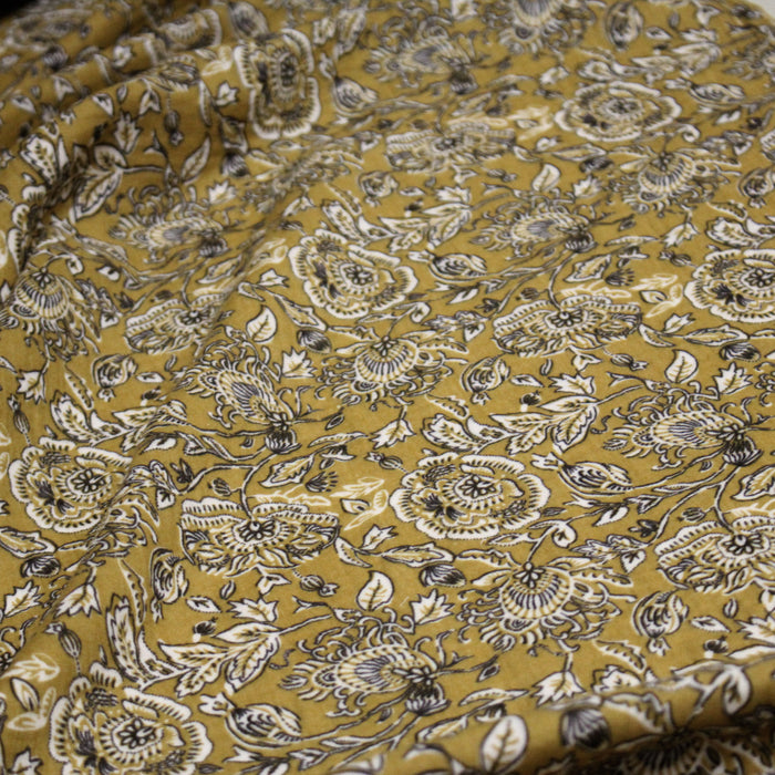 Tissu double gaze imprimée motif indiennes KALAMKARI fond jaune - OEKO-TEX