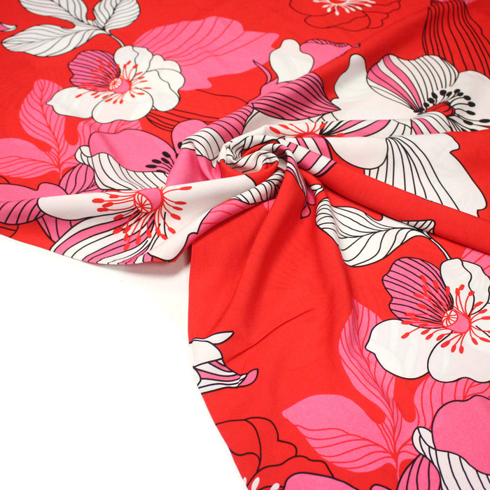 Tissu Viscose fluide NELLIE aux grandes fleurs blanches, fond rouge & rose - OEKO-TEX