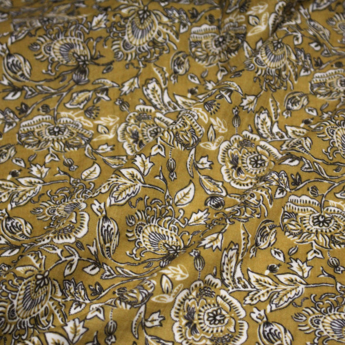 Tissu double gaze imprimée motif indiennes KALAMKARI fond jaune - OEKO-TEX