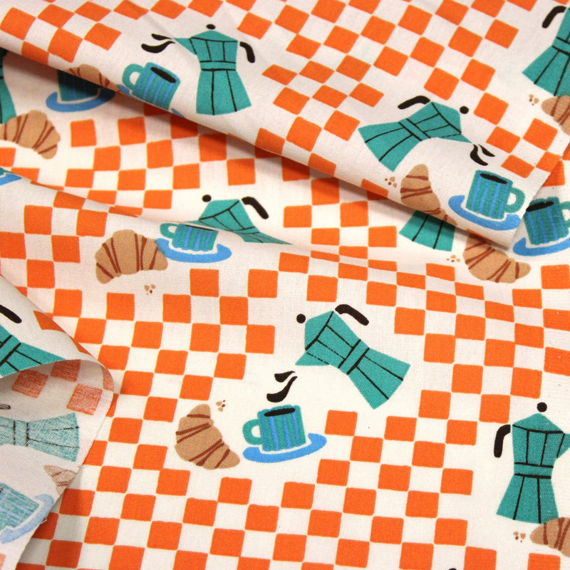Tissu cotonnade enfant aux carreaux oranges, croissants et cafetière Moka - STANDARD 100 OEKO-TEX - TissusPapi.com