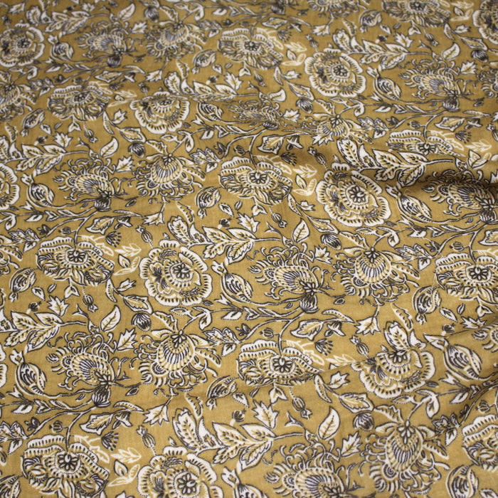 Tissu double gaze imprimée motif indiennes KALAMKARI fond jaune - OEKO-TEX