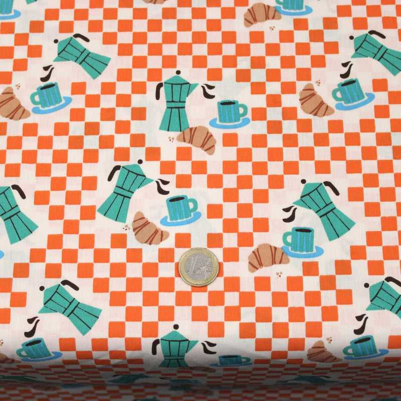 Tissu cotonnade enfant aux carreaux oranges, croissants et cafetière Moka - STANDARD 100 OEKO-TEX - TissusPapi.com