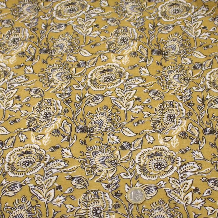 Tissu double gaze imprimée motif indiennes KALAMKARI fond jaune - OEKO-TEX