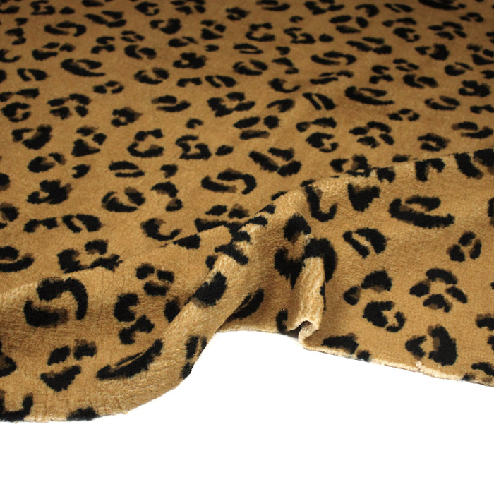 Tissu sherpa mouton motif LEOPARD ocre camel et noir - OEKO-TEX