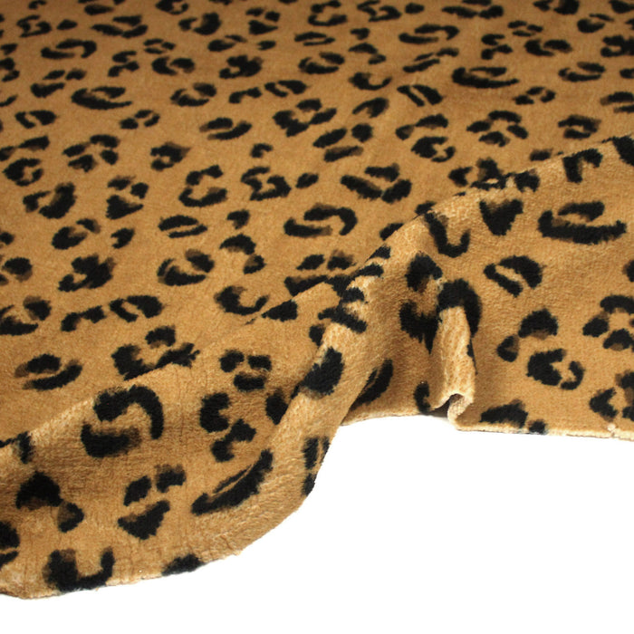 Tissu sherpa mouton motif LEOPARD ocre camel et noir - OEKO-TEX