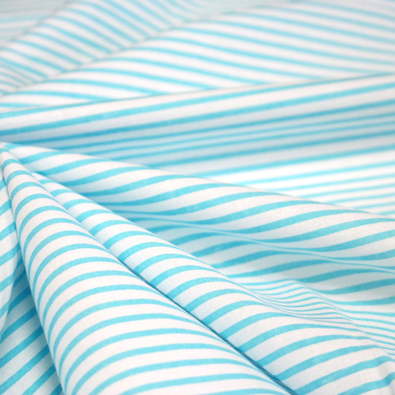 Tissu cotonnade rayée : blanc & rayures bleu turquoise - TissusPapi.com