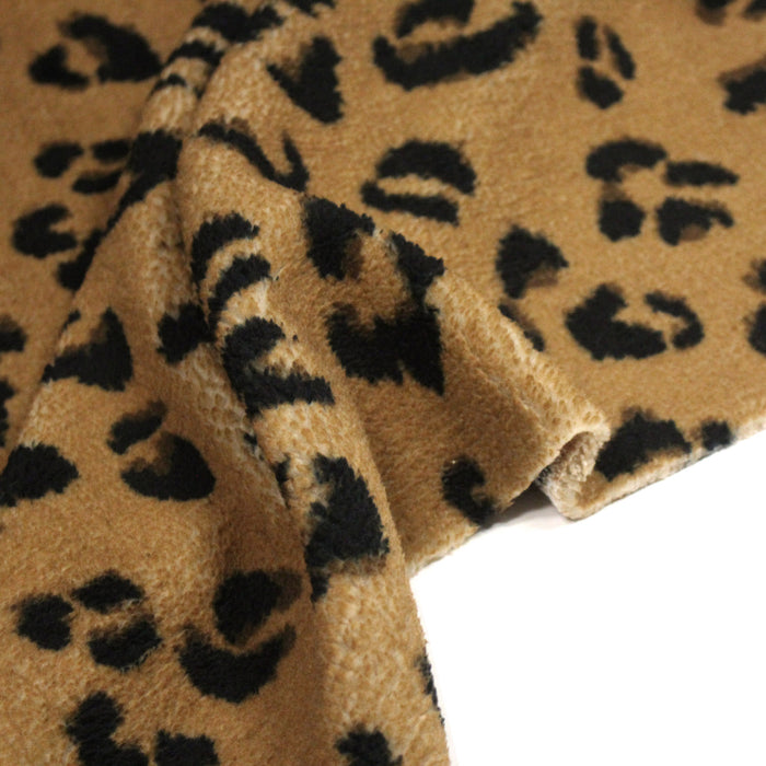 Tissu sherpa mouton motif LEOPARD ocre camel et noir - OEKO-TEX