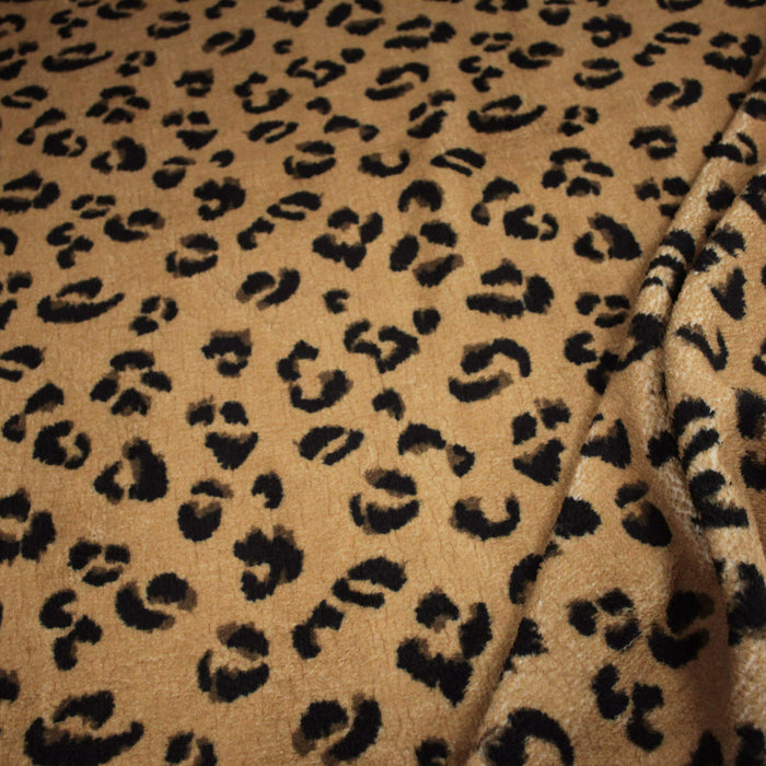 Tissu sherpa mouton motif LEOPARD ocre camel et noir - OEKO-TEX