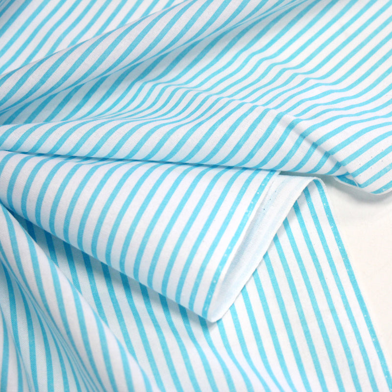 Tissu cotonnade rayée : blanc & rayures bleu turquoise - TissusPapi.com