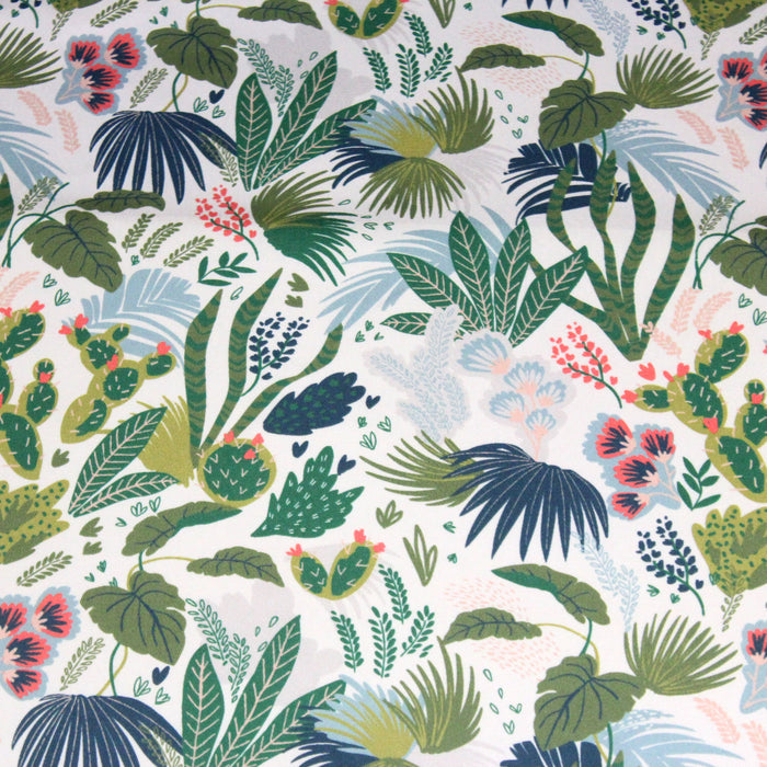 Tissu gabardine de coton LUXE imprimée motif fleurs et feuilles vertes & bleues