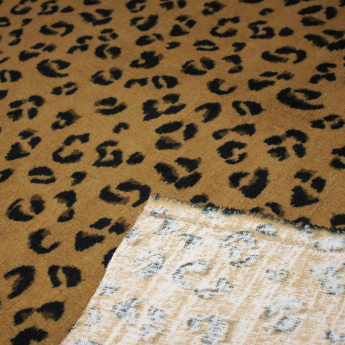 Tissu sherpa mouton motif LEOPARD ocre camel et noir - OEKO-TEX