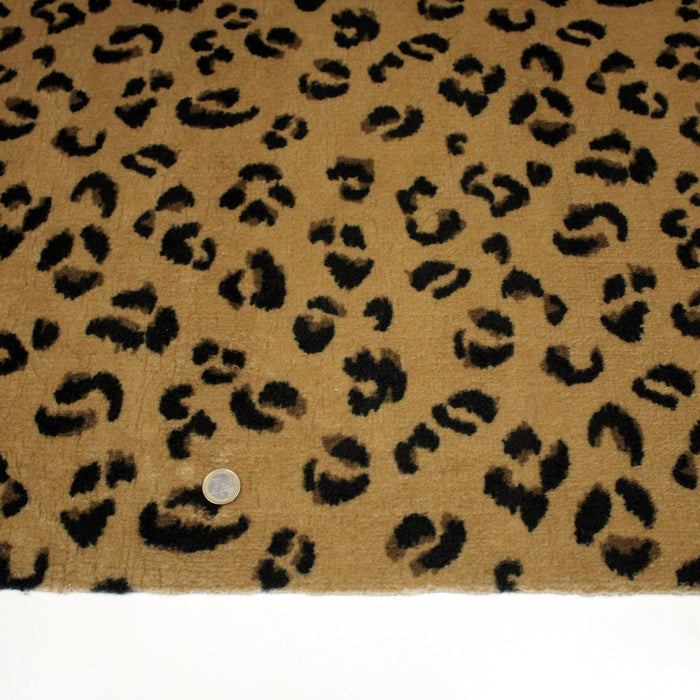 Tissu sherpa mouton motif LEOPARD ocre camel et noir - OEKO-TEX