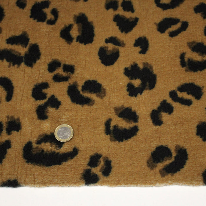 Tissu sherpa mouton motif LEOPARD ocre camel et noir - OEKO-TEX