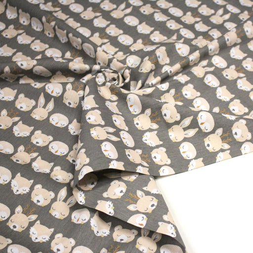 Tissu popeline coton KAWAI gris aux animaux crème - TissusPapi.com