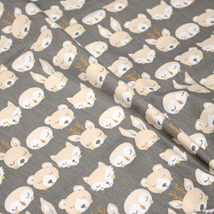 Tissu popeline coton KAWAI gris aux animaux crème - TissusPapi.com