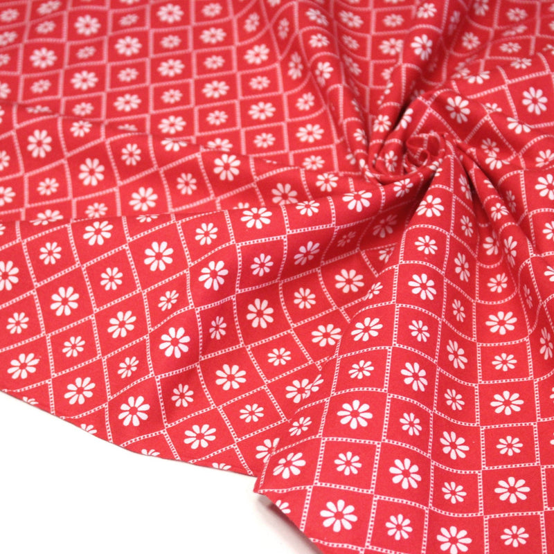 Tissu cotonnade rouge & blanc, liserés et fleurs géométriques - COLLECTION MESSINA - TissusPapi.com