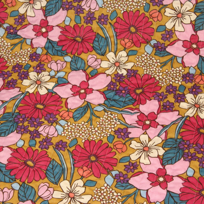 Tissu Matelassé coton motif SUZANNE aux fleurs seventies de couleurs vives sur fond jaune, verso fleuri fond cacao - OEKO-TEX®