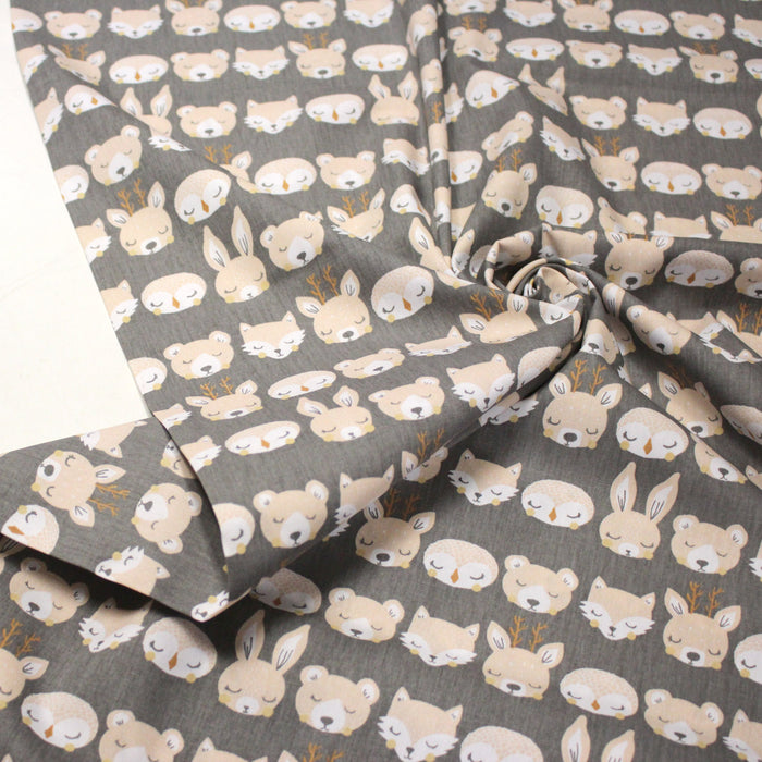 Tissu popeline coton KAWAI gris aux animaux crème - TissusPapi.com