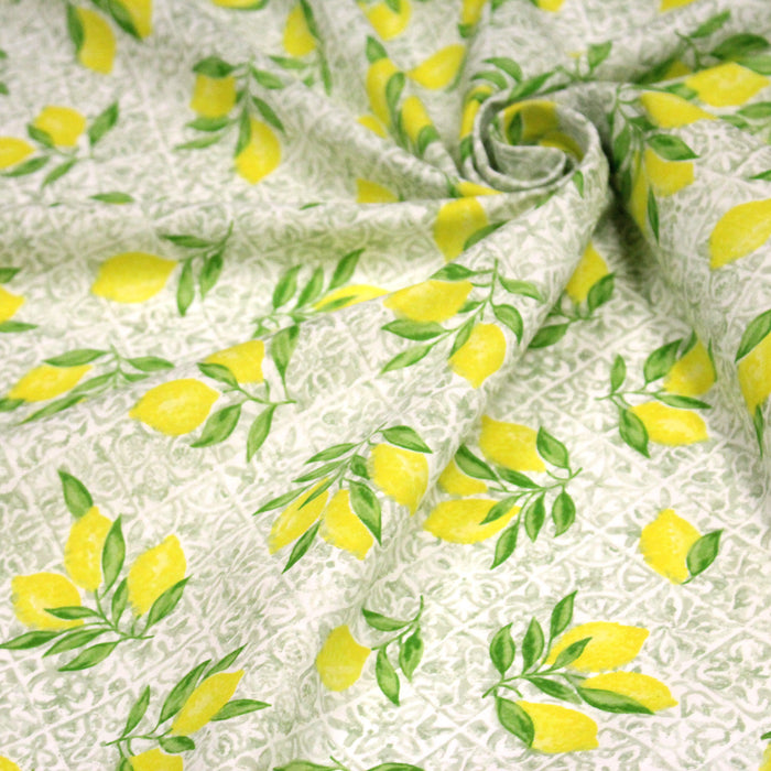 Tissu cotonnade Carreaux de faïence et citrons : tons verts ou bleus - COLLECTION SICILIA - OEKO-TEX STANDARD 100