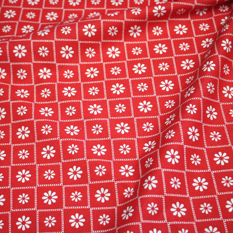 Tissu cotonnade rouge & blanc, liserés et fleurs géométriques - COLLECTION MESSINA - TissusPapi.com